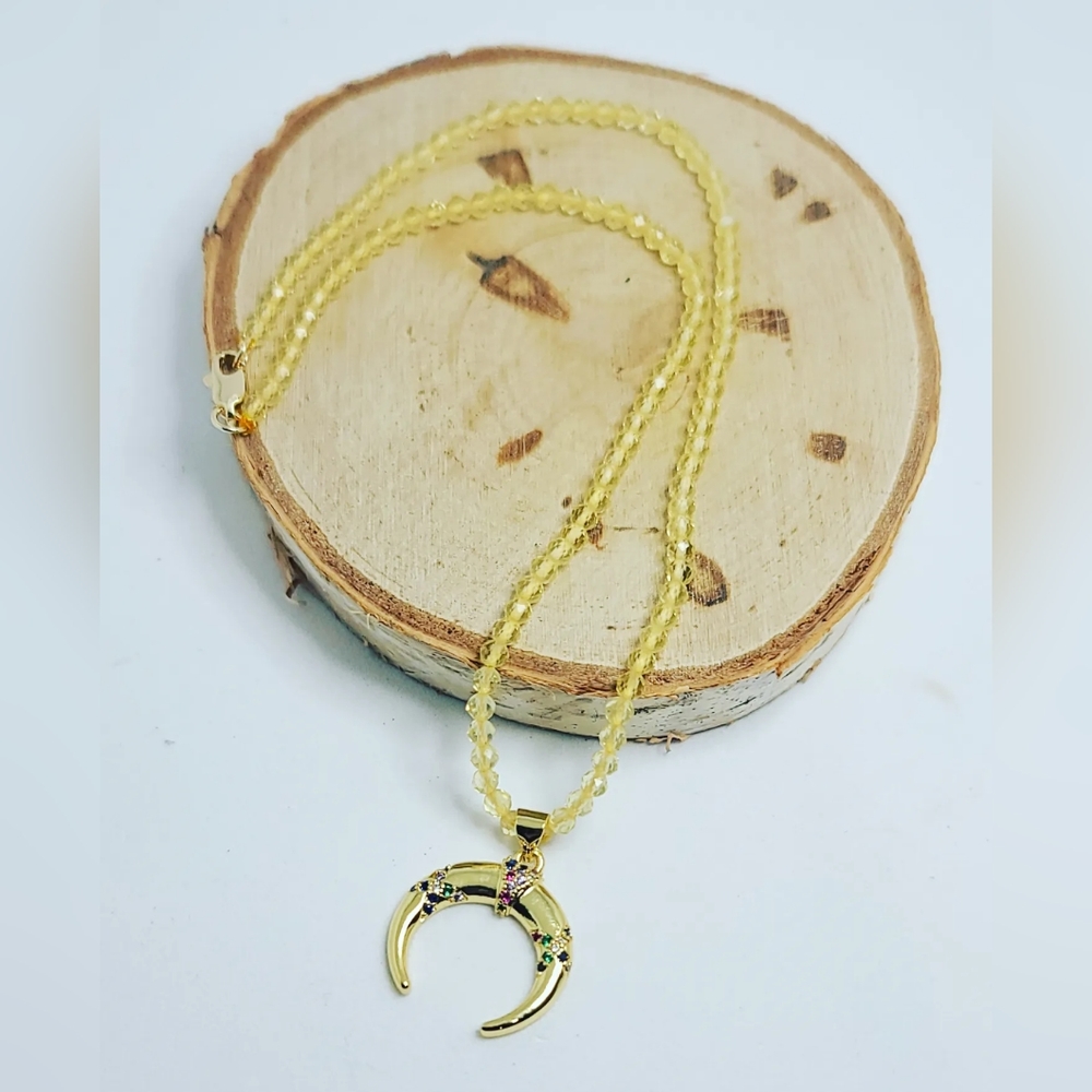 Faceted Quartz, Moon Stainless steel charm necklace 3 mm